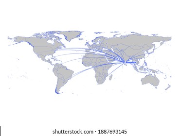 Vector map showing Bangalore, India's position on the world map, and its connections with other major cities. This map is suitable for digital editing and printing of all sizes.