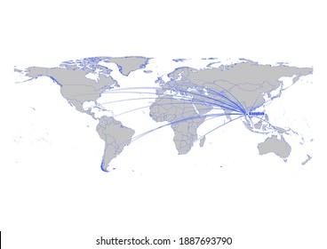 Vector map showing Bangkok, Thailand's position on the world map and its connections with other major cities. This map is suitable for digital editing and printing of all sizes.