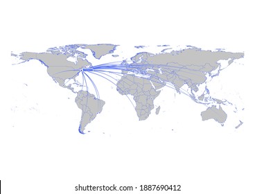 Mapa de vectores que muestra Boston, la posición de Estados Unidos en el mapa del mundo y sus conexiones con otras grandes ciudades. Este mapa es adecuado para la edición digital y la impresión de todos los tamaños.