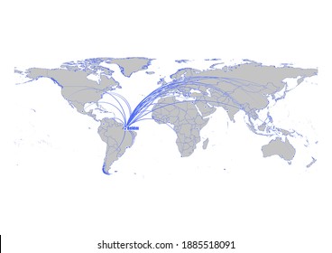 
Vector map showing Belém, Brazil's position in the world and its connections with other major cities. This map is suitable for digital editing and printing of all sizes.