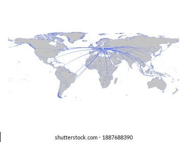 Vector map showing Budapest, Hungary's position in the world and its connections with other major cities. This map is suitable for digital editing and printing of all sizes.