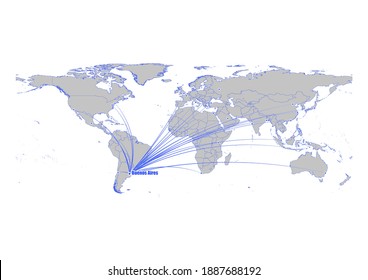 Vector map showing Buenos Aires, Argentina's position in the world, and its connections with other major cities. This map is suitable for digital editing and printing of all sizes.