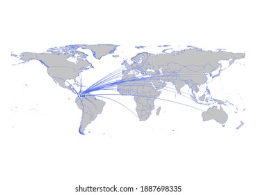 Vector map showing Cali, Colombia's position on the world map, and its connections with other major cities. This map is suitable for digital editing and printing of all sizes.