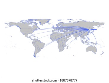 Vector map showing Changchun, China's position on the world map, and its connections with other major cities. This map is suitable for digital editing and printing of all sizes.