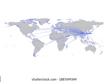 Vector map showing Changsha, China's position on the world map, and its connections with other major cities. This map is suitable for digital editing and printing of all sizes.