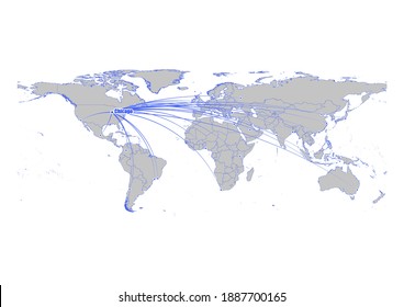 Vector map showing Chicago, United States of America's position on the world map, and its connections with other major cities. This map is suitable for digital editing and printing of all sizes.