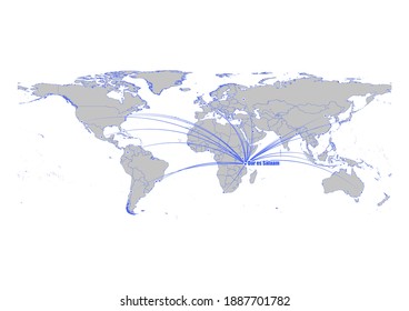 Vector map showing Dar es Salaam, Tanzania's position on the world map, and its connections with other major cities. This map is suitable for digital editing and printing of all sizes.