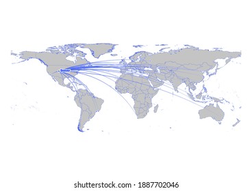 Vector map showing Denver, United States of America's position on the world map, and its connections with other major cities. This map is suitable for digital editing and printing of all sizes.