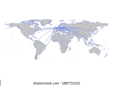 Vektorkarte, die Dublin, Irlands Position auf der Weltkarte und seine Verbindungen zu anderen Großstädten zeigt. Diese Karte eignet sich für die digitale Bearbeitung und den Druck aller Größen.