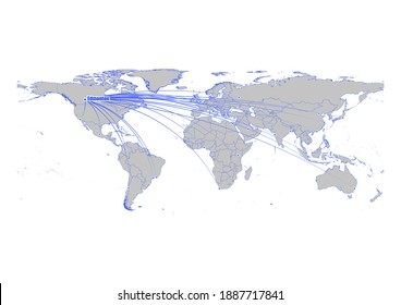 Vector map showing Edmonton, Canada's position on the world map, and its connections with other major cities. This map is suitable for digital editing and printing of all sizes.