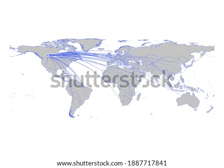 Vector map showing Edmonton, Canada's position on the world map, and its connections with other major cities. This map is suitable for digital editing and printing of all sizes.