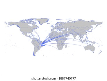 Vector map showing Goiania, Brazil's position on the world map, and its connections with other major cities. This map is suitable for digital editing and printing of all sizes.