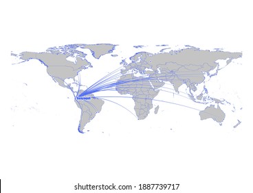Vector map showing Guayaquil, Ecuador's position on the world map, and its connections with other major cities. This map is suitable for digital editing and printing of all sizes.