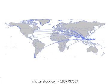 Vector map showing Ho Chi Minh City, Vietnam's position on the world map, and its connections with other major cities. This map is suitable for digital editing and printing of all sizes.