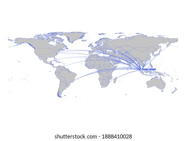 Vector map showing Kuala Lumpur, Malaysia's position on the world map, and its connections with other major cities. This map is suitable for digital editing and printing of all sizes.