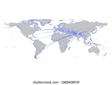 Vector map showing Lahore, Pakistan's position on the world map, and its connections with other major cities. This map is suitable for digital editing and printing of all sizes.