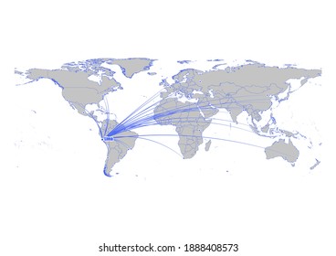 Vector map showing Lima, Peru's position on the world map, and its connections with other major cities. This map is suitable for digital editing and printing of all sizes.