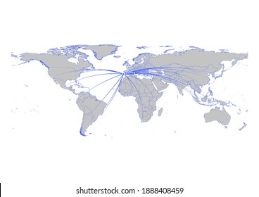 Vector map showing Lisbon, Portugal's position on the world map, and its connections with other major cities. This map is suitable for digital editing and printing of all sizes.