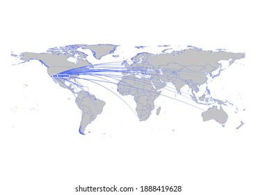 Vector map showing Los Angeles, United States of America's position on the world map, and its connections with other major cities. This map is suitable for digital editing and printing of all sizes.