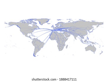 Vector map showing Madrid, Spain's position on the world map, and its connections with other major cities. This map is suitable for digital editing and printing of all sizes.