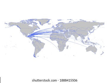Vector map showing Mexico City, Mexico's position on the world map, and its connections with other major cities. This map is suitable for digital editing and printing of all sizes.