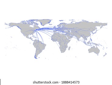 Vector map showing Montreal, Canada's position on the world map, and its connections with other major cities. This map is suitable for digital editing and printing of all sizes.