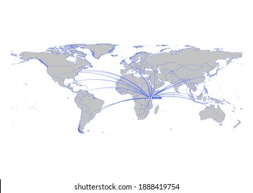 Mapa de vectores que muestra Nairobi, la posición de Kenia en el mapa del mundo, y sus conexiones con otras grandes ciudades. Este mapa es adecuado para la edición digital y la impresión de todos los tamaños.