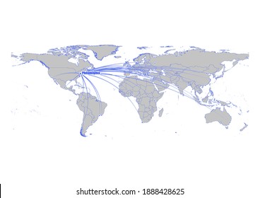 Vektorkarte mit Philadelphia, der Position der Vereinigten Staaten von Amerika auf der Weltkarte und ihren Verbindungen zu anderen Großstädten. Diese Karte eignet sich für die digitale Bearbeitung und den Druck aller Größen.