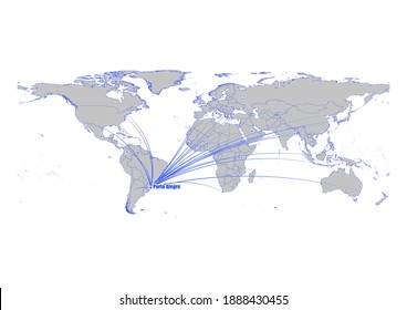 Vector map showing Porto Alegre, Brazil's position on the world map, and its connections with other major cities. This map is suitable for digital editing and printing of all sizes.