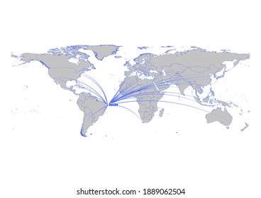 Mapa vectorial que muestra Recife, la posición de Brasil en el mapa del mundo, y sus conexiones con otras grandes ciudades. Este mapa es adecuado para la edición digital y la impresión de todos los tamaños.