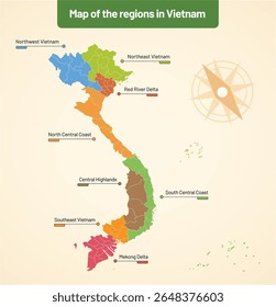 Vector map showing the regions of Vietnam with clear boundaries, provinces, and colorful areas, ideal for educational and informational purposes.