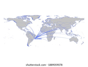 Vector map showing Rio de Janeiro, Brazil's position on the world map, and its connections with other major cities. This map is suitable for digital editing and printing of all sizes.