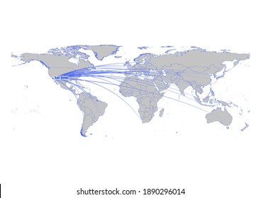 Vector map showing  San Diego, United States of America's position on the world map, and its connections with other major cities. This map is suitable for digital editing and printing of all sizes.