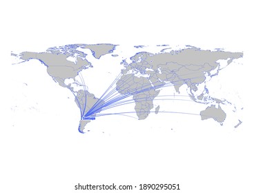 Mapa vectorial que muestra Santiago, la posición de Chile en el mapa del mundo, y sus conexiones con otras grandes ciudades. Este mapa es adecuado para la edición digital y la impresión de todos los tamaños.