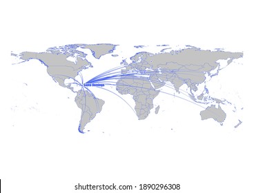 Vector map showing  Santo Domingo, Dominican Republic's position on the world map, and its connections with other major cities. This map is suitable for digital editing and printing of all sizes.