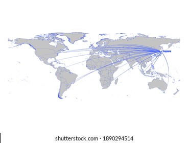 Vector map showing  Sapporo, Japan's position on the world map, and its connections with other major cities. This map is suitable for digital editing and printing of all sizes.