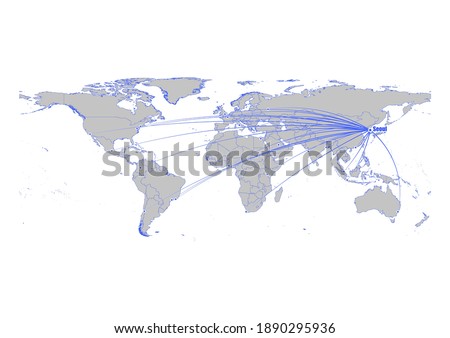 Vector map showing  Seoul, South Korea's position on the world map, and its connections with other major cities. This map is suitable for digital editing and printing of all sizes.