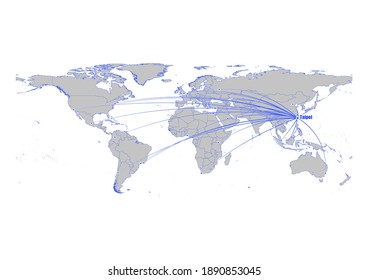 Vector map showing  Taipei, Taiwan's position on the world map, and its connections with other major cities. This map is suitable for digital editing and printing of all sizes.
