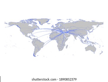 Vector map showing  Tel Aviv, Israel.'s position on the world map, and its connections with other major cities. This map is suitable for digital editing and printing of all sizes.
