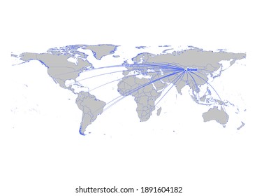 Vector map showing  Urumchi, China's position on the world map, and its connections with other major cities. This map is suitable for digital editing and printing of all sizes.