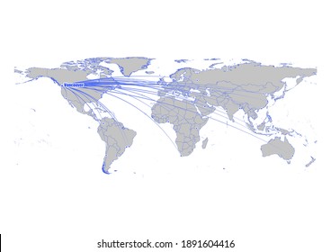 Vector map showing  Vancouver, Canada's position on the world map, and its connections with other major cities. This map is suitable for digital editing and printing of all sizes.