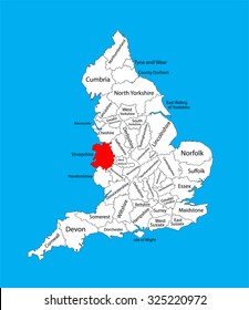 Vector map of Shropshire in West Midlands, United Kingdom with regions. England vector map. 