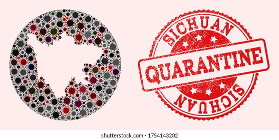 Vector map of Sichuan Province collage of coronavirus and red grunge quarantine stamp. Infection cells attack the quarantine territory from outside.