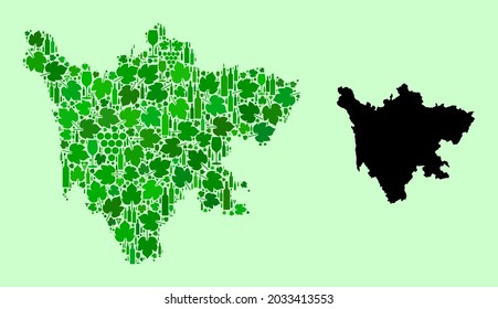 Vector Map of Sichuan Province. Combination of green grape leaves, wine bottles. Map of Sichuan Province mosaic designed with bottles, grapes, green leaves.