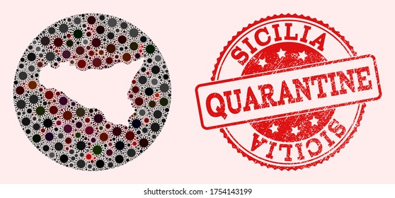 Vector map of Sicilia Island collage of flu virus and red grunge quarantine seal. Infection cells attack the quarantine territory from outside.