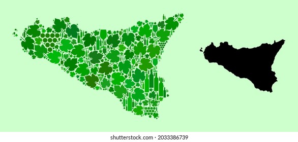 Vector Map of Sicilia Island. Collage of green grape leaves, wine bottles. Map of Sicilia Island collage designed from bottles, grapes, green leaves.