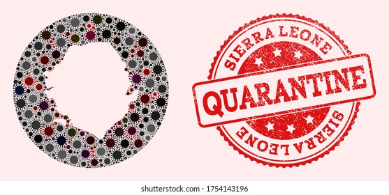 Vector map of Sierra Leone mosaic of flu virus and red grunge quarantine seal. Infection cells attack the quarantine territory from outside.