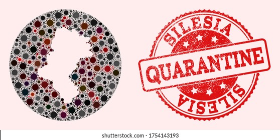 Mapa vectorial del mosaico de la provincia de Silesia del virus SARS y del sello de cuarentena de grunge rojo. Células de infección alrededor del territorio de cuarentena desde el exterior.