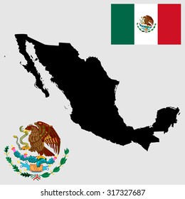 Vector map silhouette and flag of Mexico. Mexico coat of arms, seal, national emblem, isolated on background. Vector Coat of arms Mexico, Original Mexico shield. Central America country.