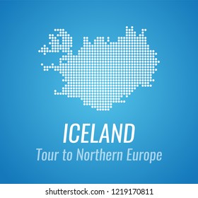 Vector map silhouette of Iceland with caption and tagline. Map of Dots white color on blue background.